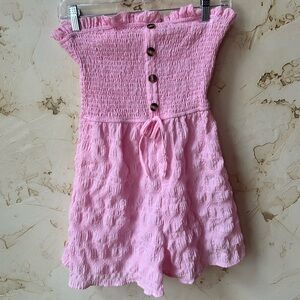 Smocked Strapless Pink Shorts Jumper | Cute Button Detail Flowy Fits Medium